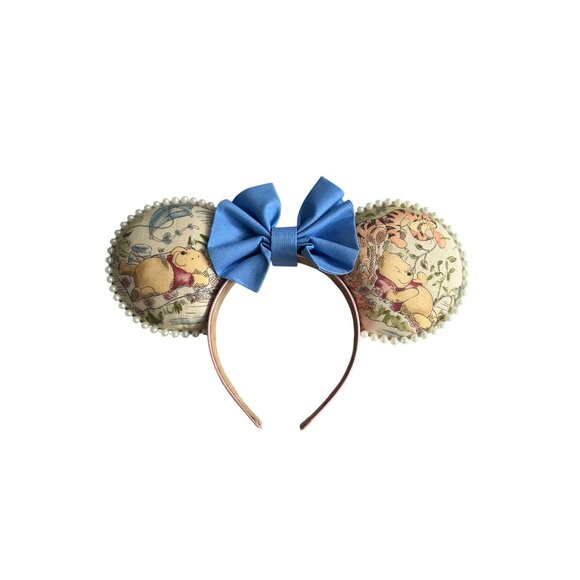 WINNIE THE POOH Blue Bow Handmade Pearl Trimmed Headband - Picture 2 of 6